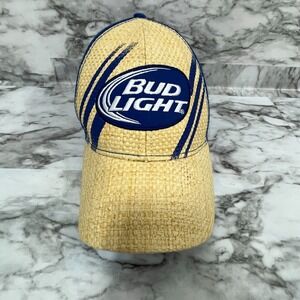 Bud Light Beer Hat Cap‎ Men's One Size Blue Beige Straw Front Snapback Trucker